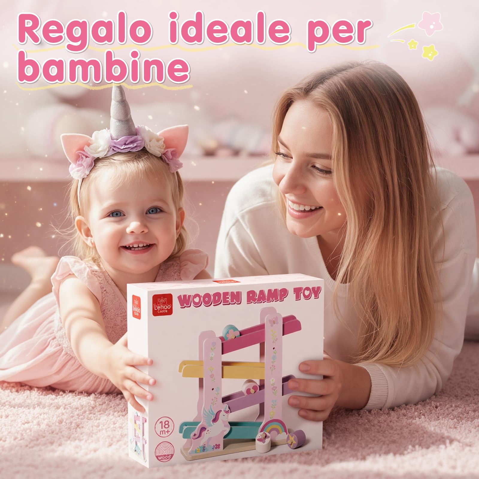 Lehoo Castle Giocattoli Montessori 1 Anno, Rampa in Legno Unicorno per Bambina, Pista con 4 Roller, Gioco Educativo in Legno, Regalo Bambina 1 2 Anni
