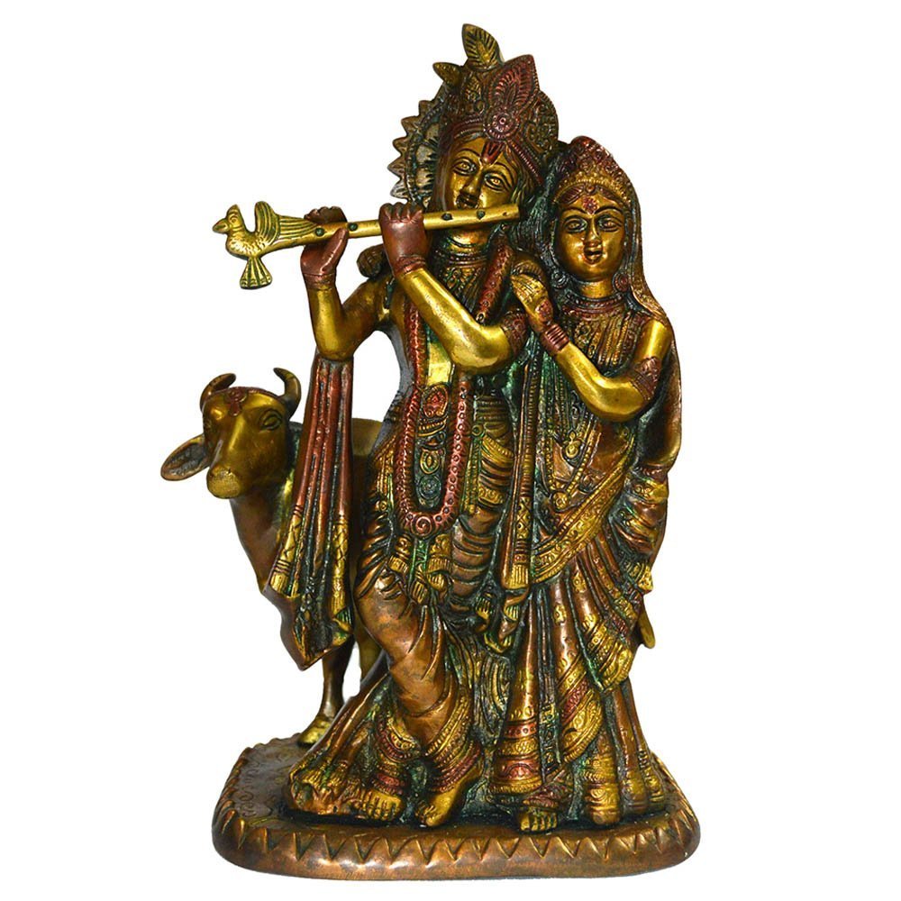 Fasherati Rustic Green Hinduism god idol Radha Krishna Cow Behind Figurine Statue 12" app