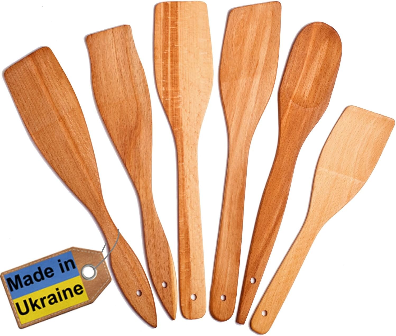 ECOSALL 6 Wooden Spoons for Cooking – Made in Ukraine 100% Natural Healthy Nonstick Wooden Spatula Spoons - Premium Solid Wood Cooking Utensils Set - Strong, Durable Eco Hardwood Beechwood Spoons Set
