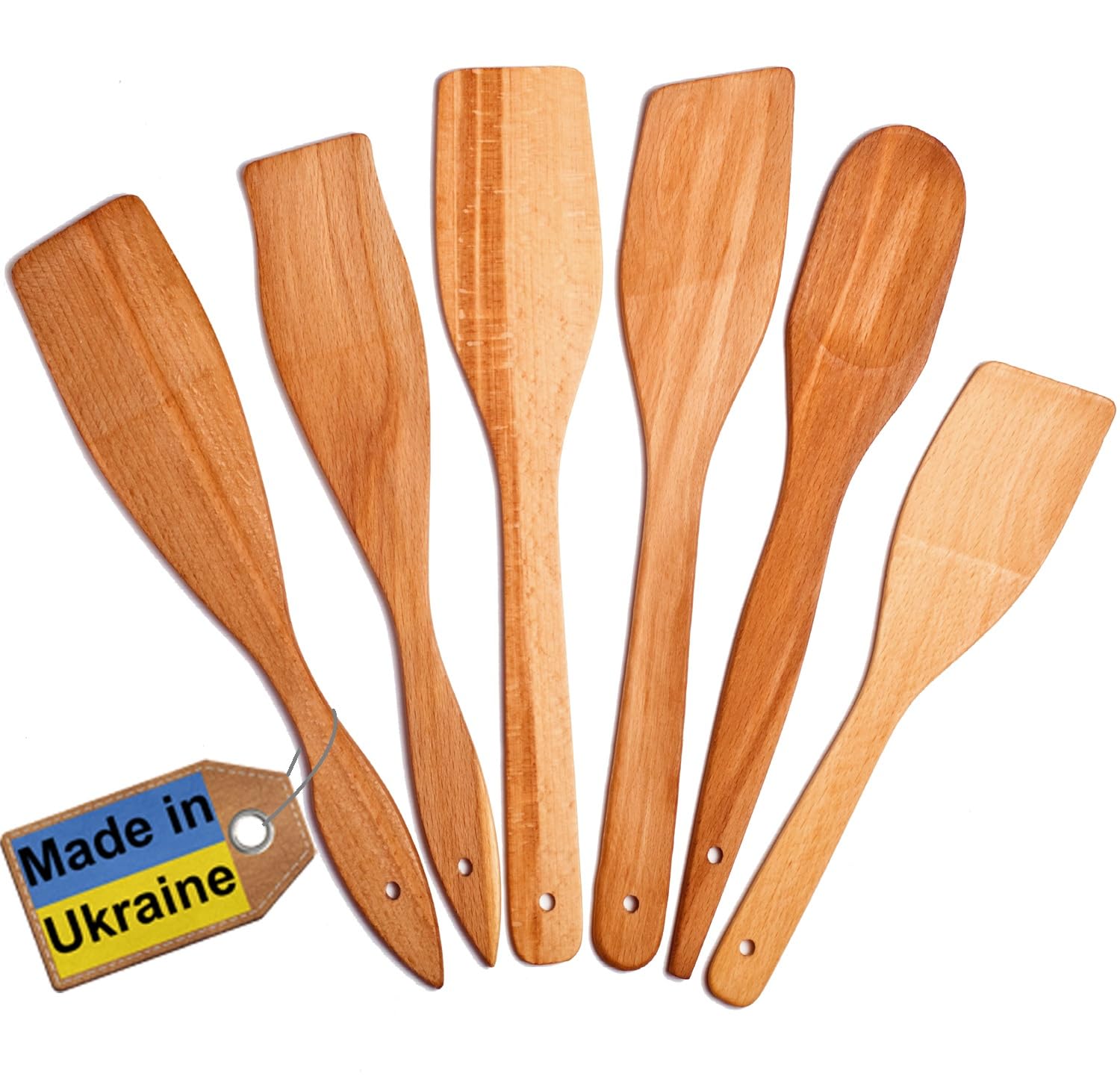 ECOSALL 6 Wooden Spoons for Cooking – Made in Ukraine 100% Natural Healthy Nonstick Wooden Spatula Spoons - Premium Solid Wood Cooking Utensils Set - Strong, Durable Eco Hardwood Beechwood Spoons Set