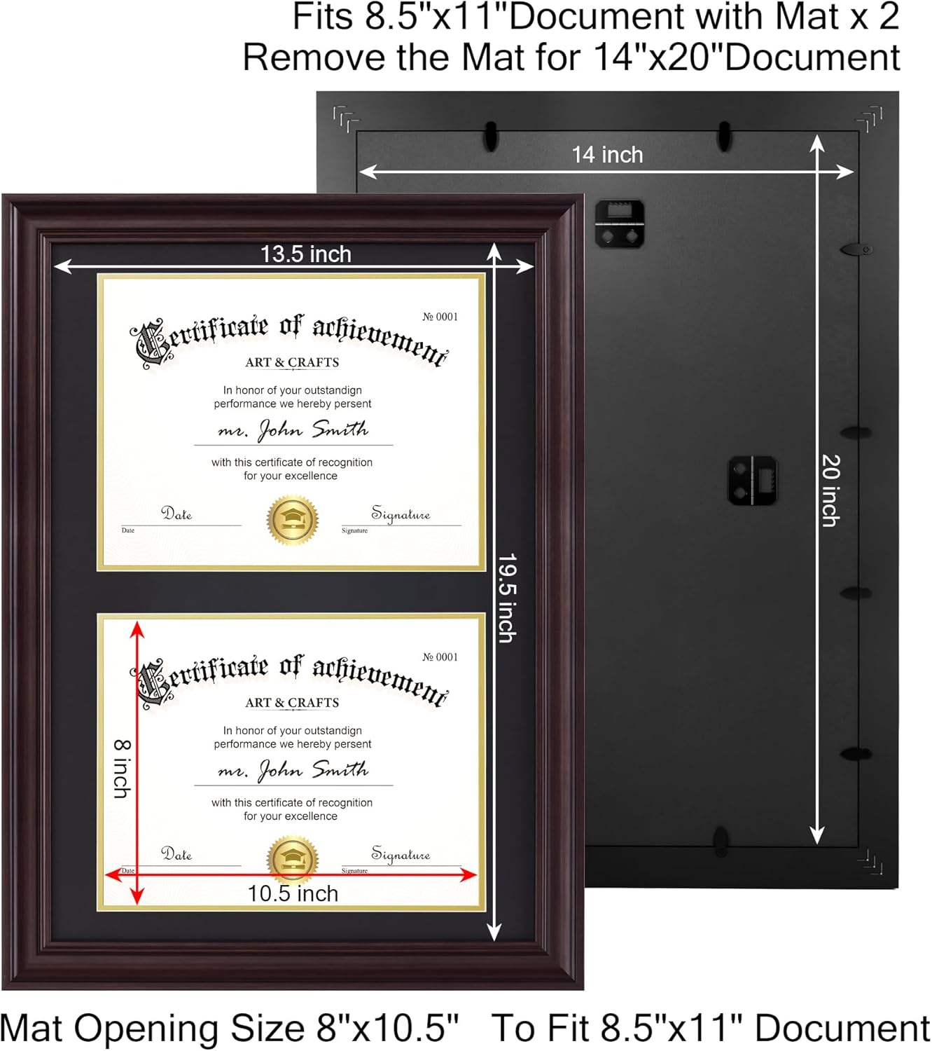 Yaetm Vertical Double Diploma Frame 14x20 for Two 8.5x11 Certificates, Degrees, Documents, Tempered Glass with Black Over Gold Acid-free Mats, Dual Diploma Frames, Brown/Black - Image 4