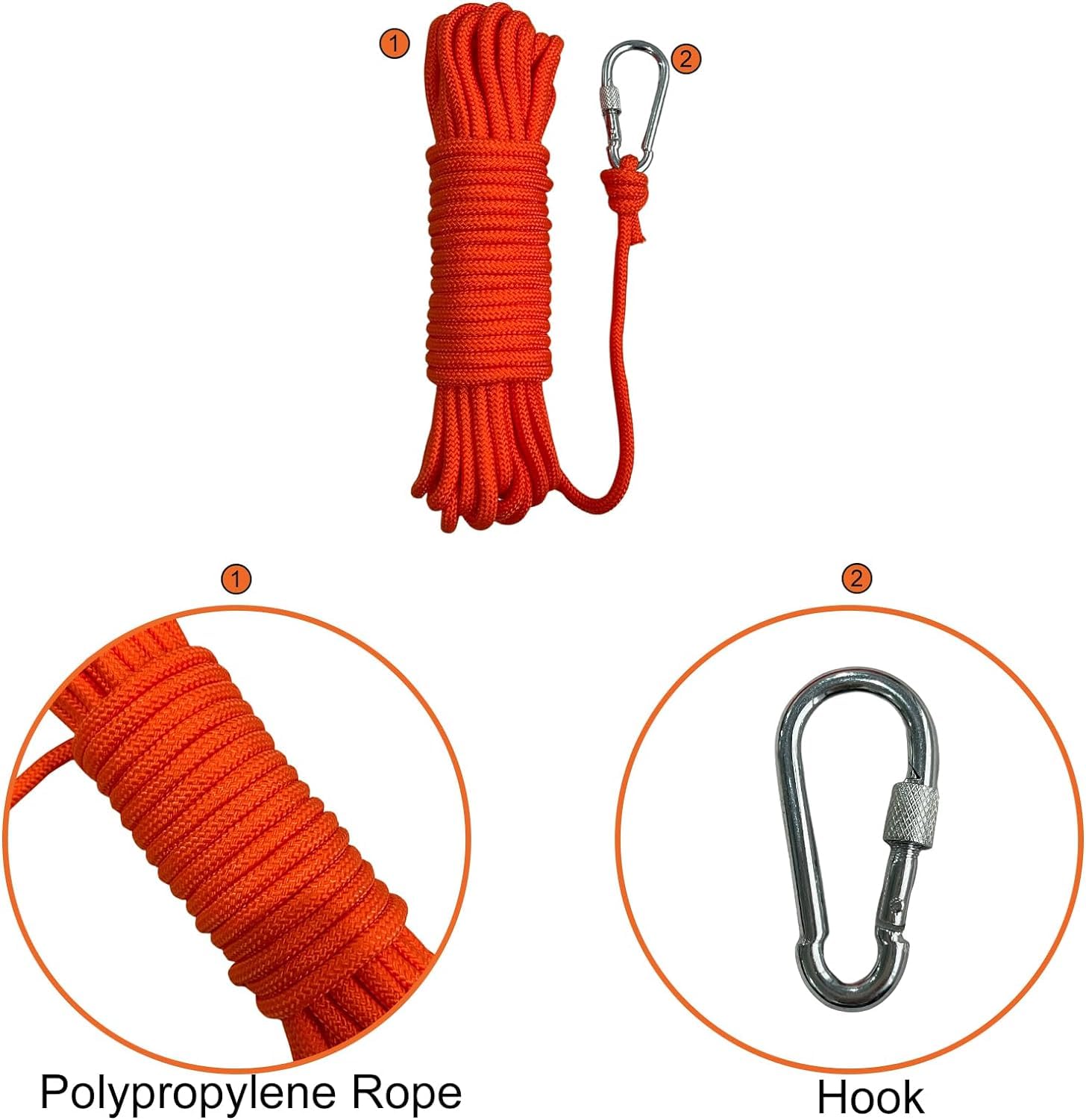 Corde Polypropylène Tressée BeGrit 10m ø8mm - Orange Haute Visibilité Avec Boucles