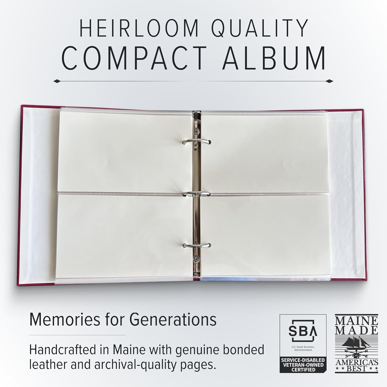 Gallery Leather Compact Photo Album for 4x6 Pictures, Holds 120 Photos, Premium Bonded Leather, 3-Ring Binder, Handcrafted, Made in USA, Acadia Green - 9.25" x 8"