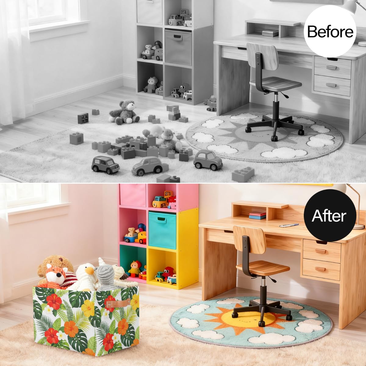 Bunter Hibiskuspalmenblätter, rechteckiger Aufbewahrungskorb mit Ledergriffen, faltbarer Stoff-Aufbewahrungskorb für Schrank, Badezimmer, Wohnzimmer, Büro, Spielzeug, Organizer, Wäschekorb, 2