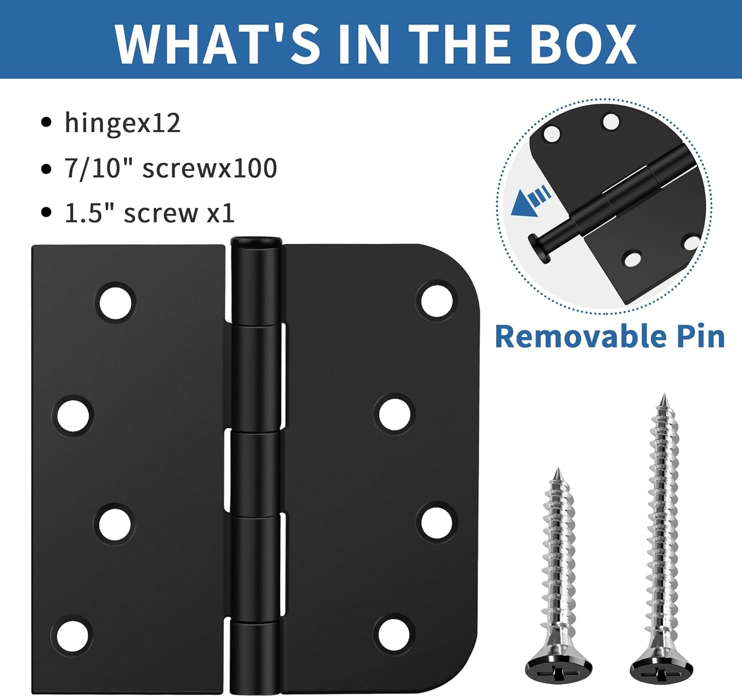 12 Pack Matte Black Door Hinges 4 Inch, Exterior Door Hinges with 5/8" Radius & Square Corners, Removable Pin, Perfect for Heavy-Duty Front & Back Door, Anti-Rust & No Squeaks