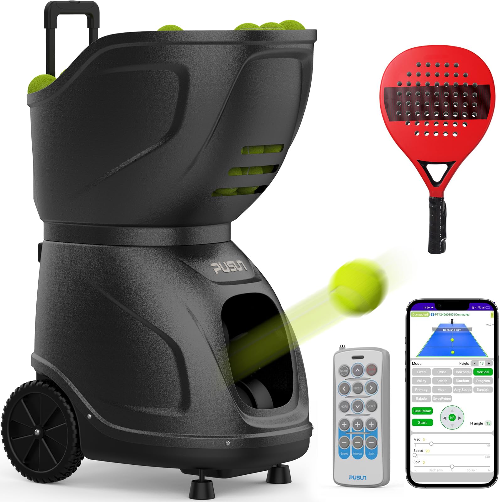 PUSUN PT-9001 Pro Padel Ballmaschine mit APP-Steuerung | Intelligenter Ballwerfer mit 35 Landepunkten & 12 Modi | Fortschrittliches Trainingssystem mit Multi-Spin & Variabler Geschwindigkeit
