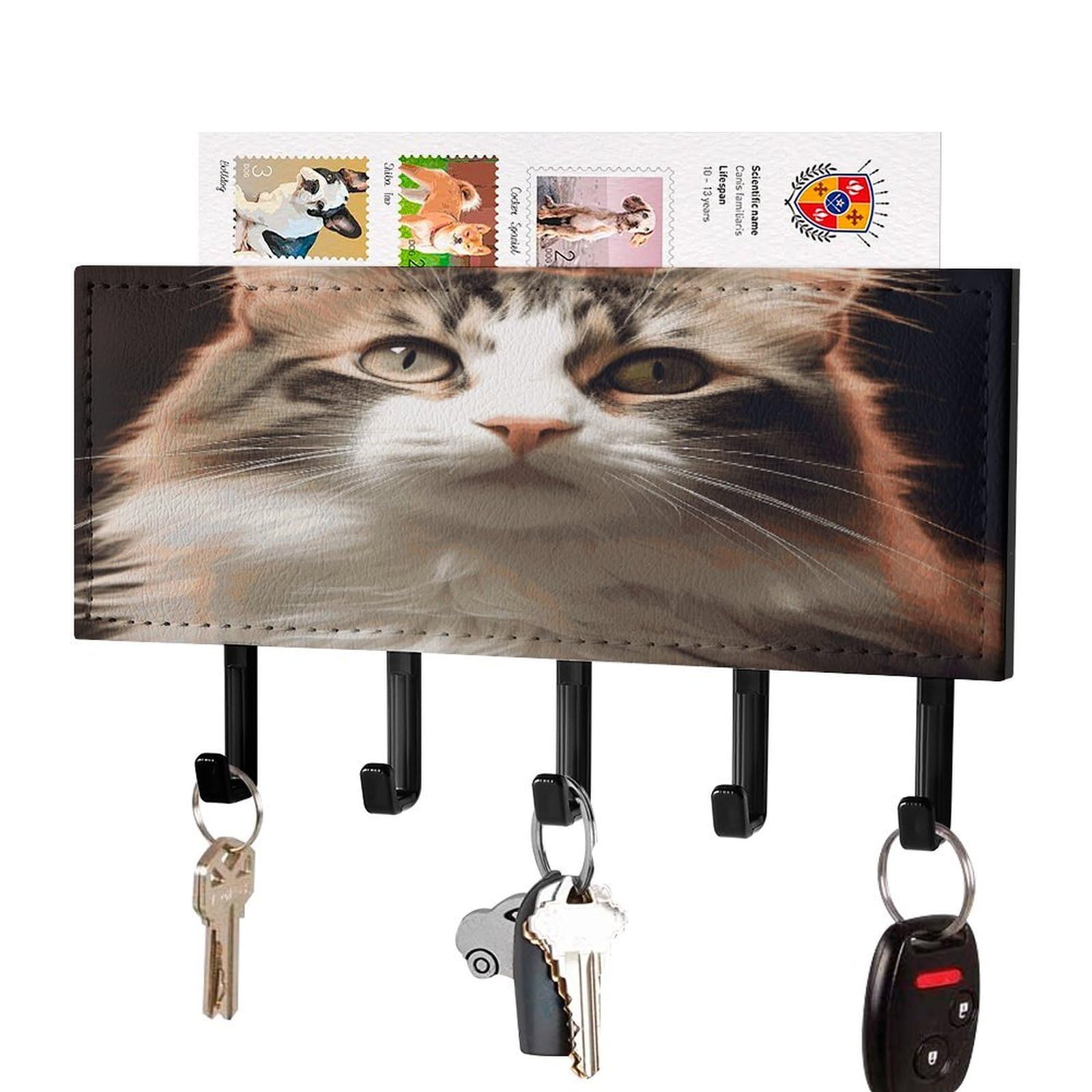FekiLoot Cat Key Holder Wall Mount Key Hooks for Wall Decorative with 5 Hooks PU Mail Rack Organizer with Shelf for Entryway Mudroom Hallway Office 7.1X4.3 in