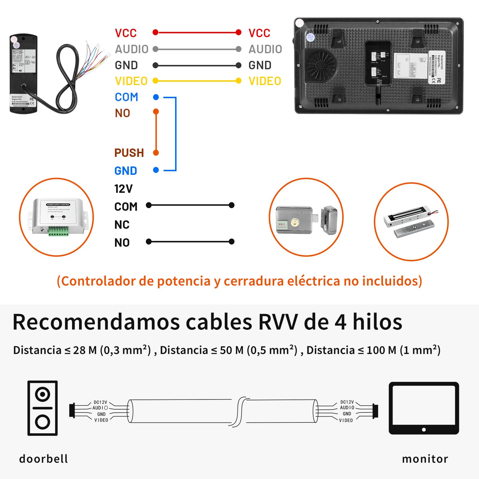 Karmen Portero con vídeo de 7 Pulgadas, Timbre de Metal, visión Nocturna infrarroja, Impermeable IP65, 16 Tonos, Control Remoto, Negro