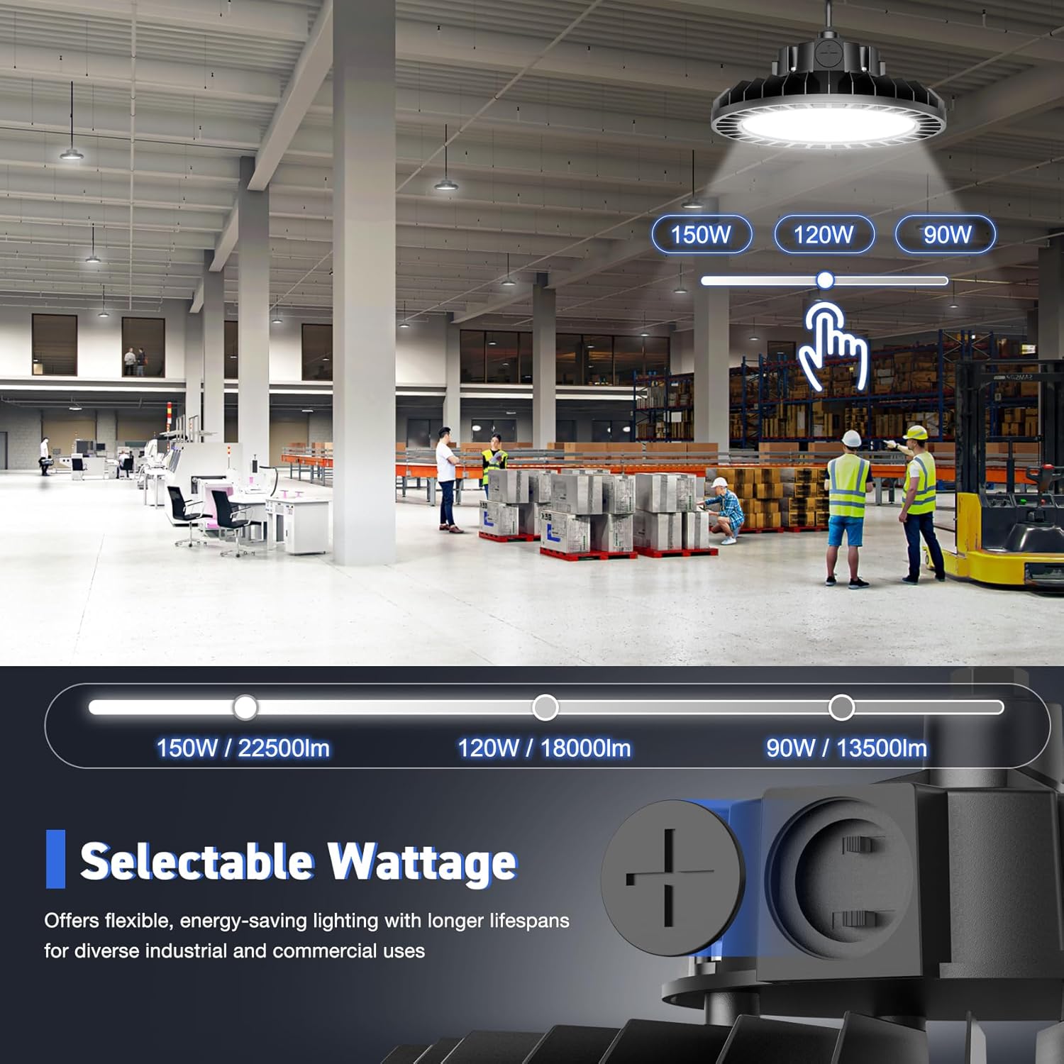 Low Bay Light 150W Power-Selectable (120W 90W) Highbay UFO LED High Bay Shop Light 4500K 5000K 5700K CCT Adjustable Motion Sensor Interface for Warehouse Gym Pole Barn Garage Commercial Grade ETL DLC