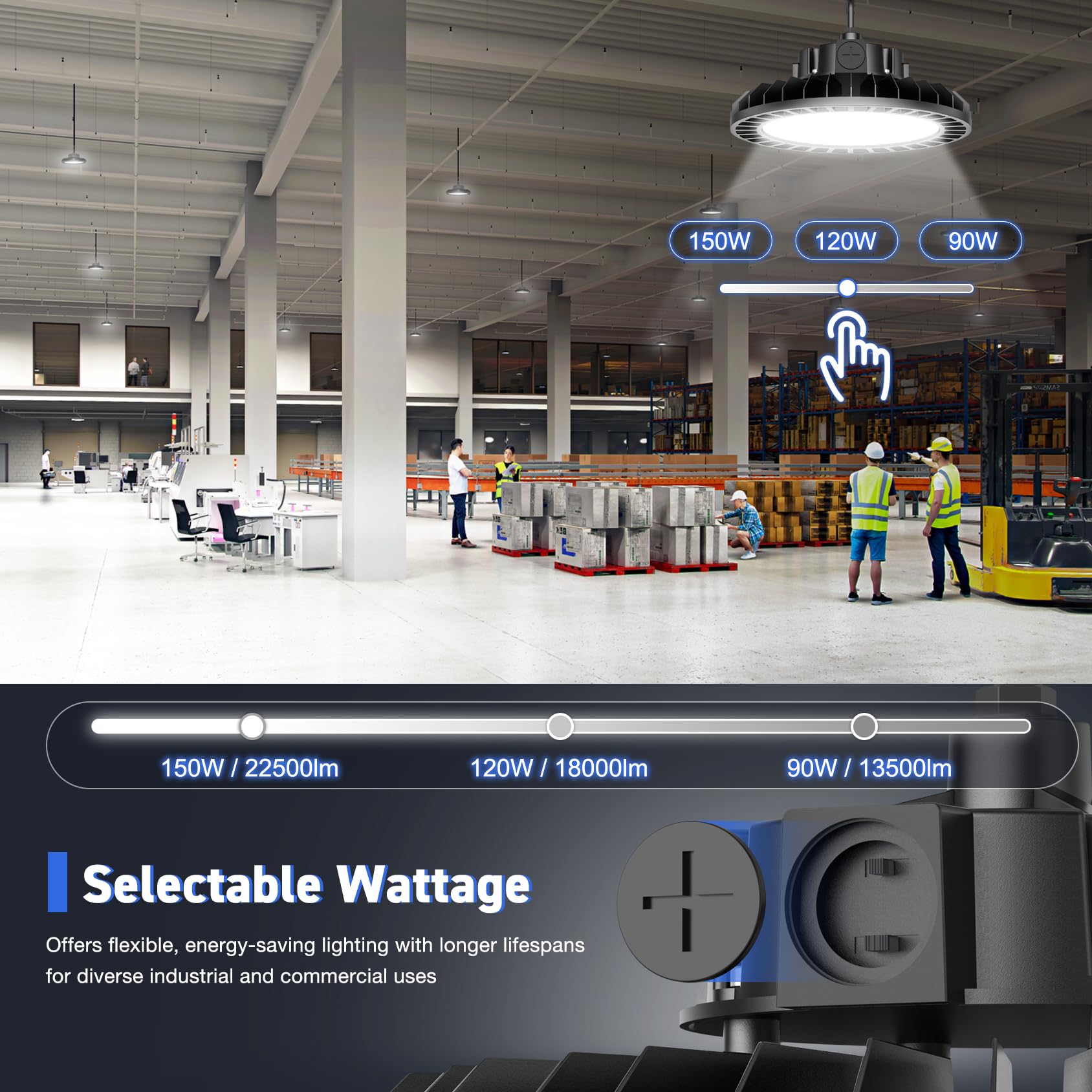 18-Pack Low Bay Light 150W Power-Selectable 120W 90W Highbay UFO LED High Bay Shop Light 4500K 5000K 5700K — view 3