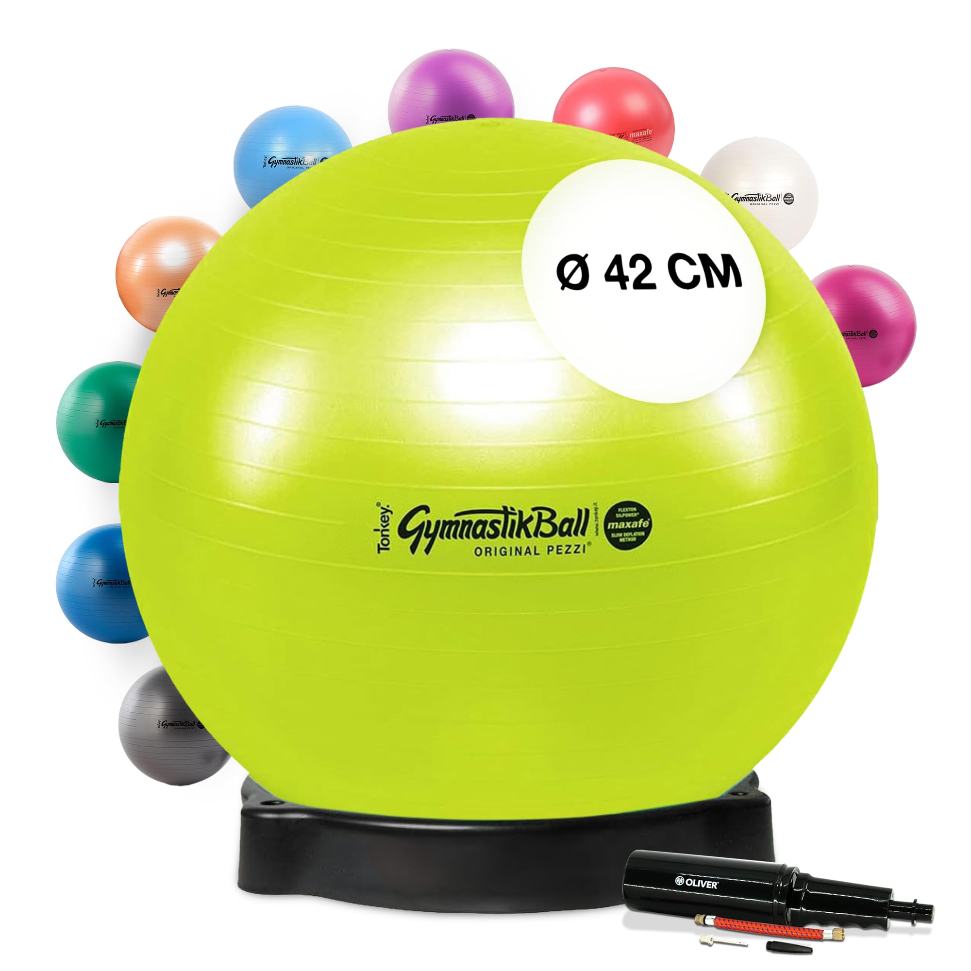 Pezzi - Gymnastikball Original Pezziball MAXAFE 42cm mit Ballschale & Oliver Rapid Pumpe – Sitzball für Therapie, Sport & Büro - Trainingsball aus Flexton Silpower® belastbar bis 400 kg – Apfelgrün