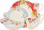 Tudor England Royal 12-Piece Porcelain Dinnerware Set for 4, Diana Rose Beige Floral Design, Dinner Plates, Salad Plates and Soup Bowls, Dishwasher and Microwave Safe