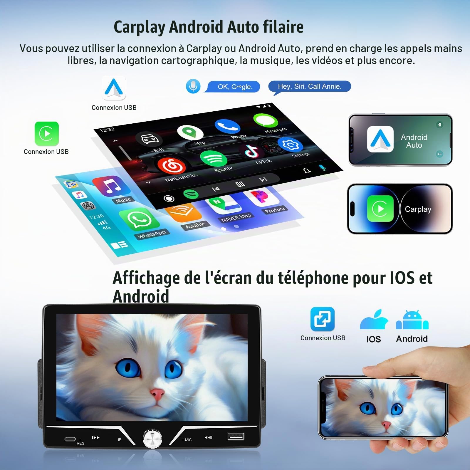 CAMECHO 1 Din Carplay Bluetooth Radio 7 Pouces avec Caméra de Recul, Écran Tactile HD Autoradio Android Auto Filaire avec FM EQ-Ton Commandes au Volant USB Mirror Link