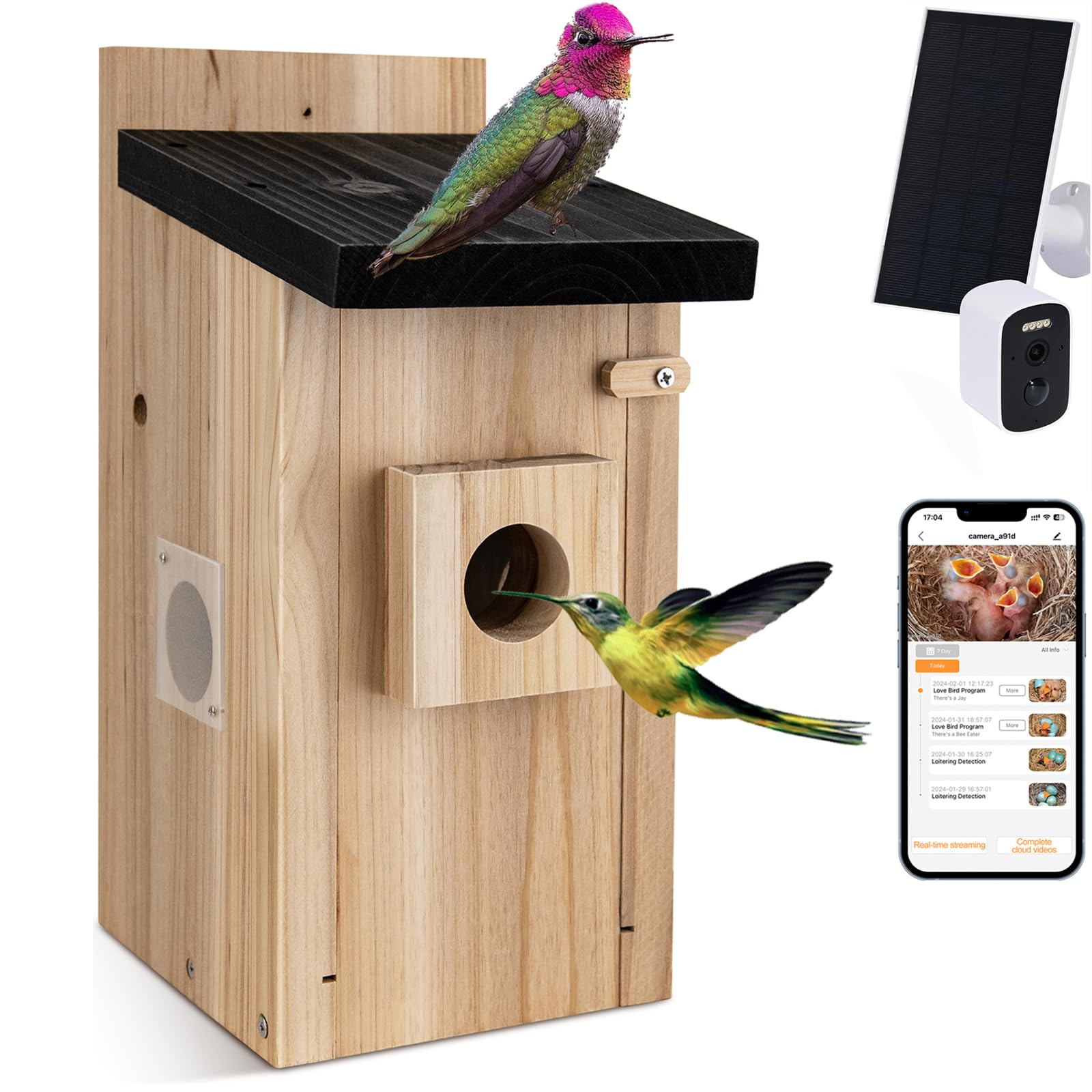 Vogelhaus mit Kamera für Außenbereich, Nistkasten aus Massivholz, Solarbetrieben mit App-Steuerung, für Garten und Balkon