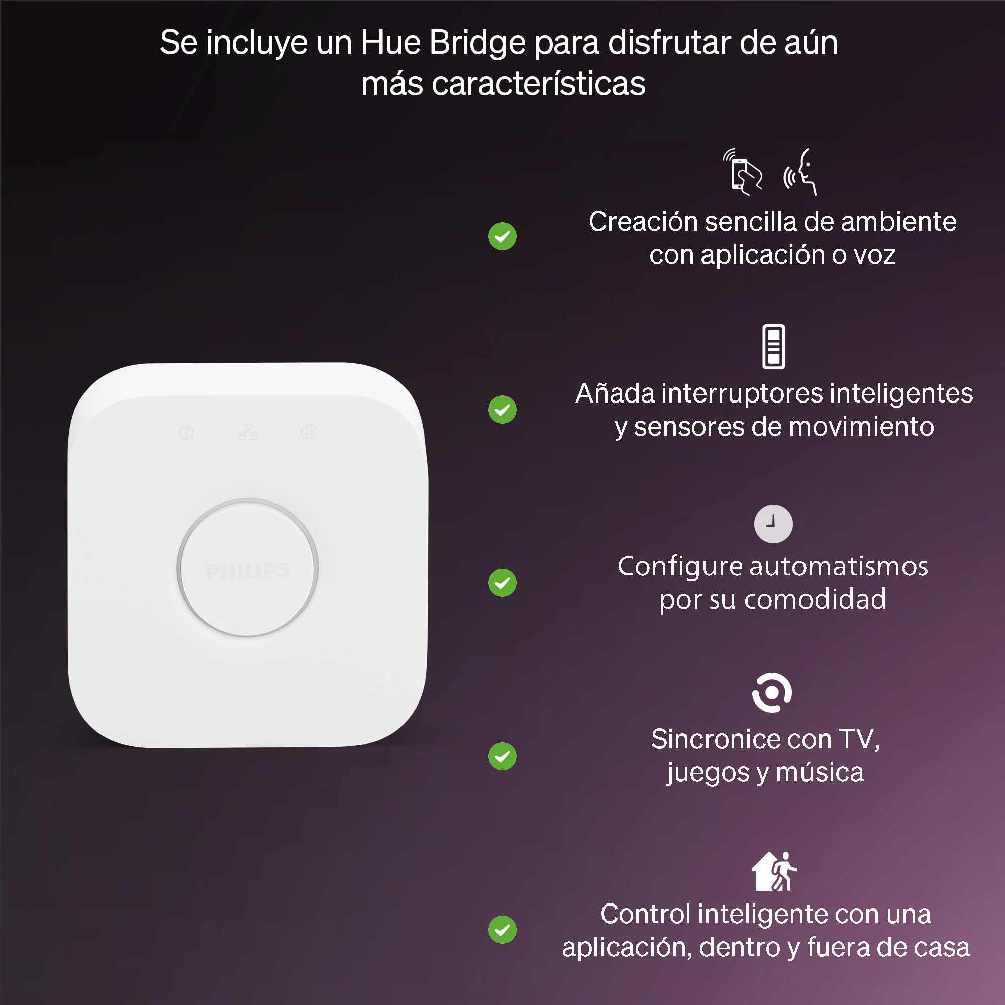 Hue Essentials Kit Inicio: Hue Bridge + 4 bombillas led inteligentes E27, Luz Blanca y Colores, regulable 2200-6500 K, compatible con Alexa, Google Assistant, Samsung SmartThings y Apple Home