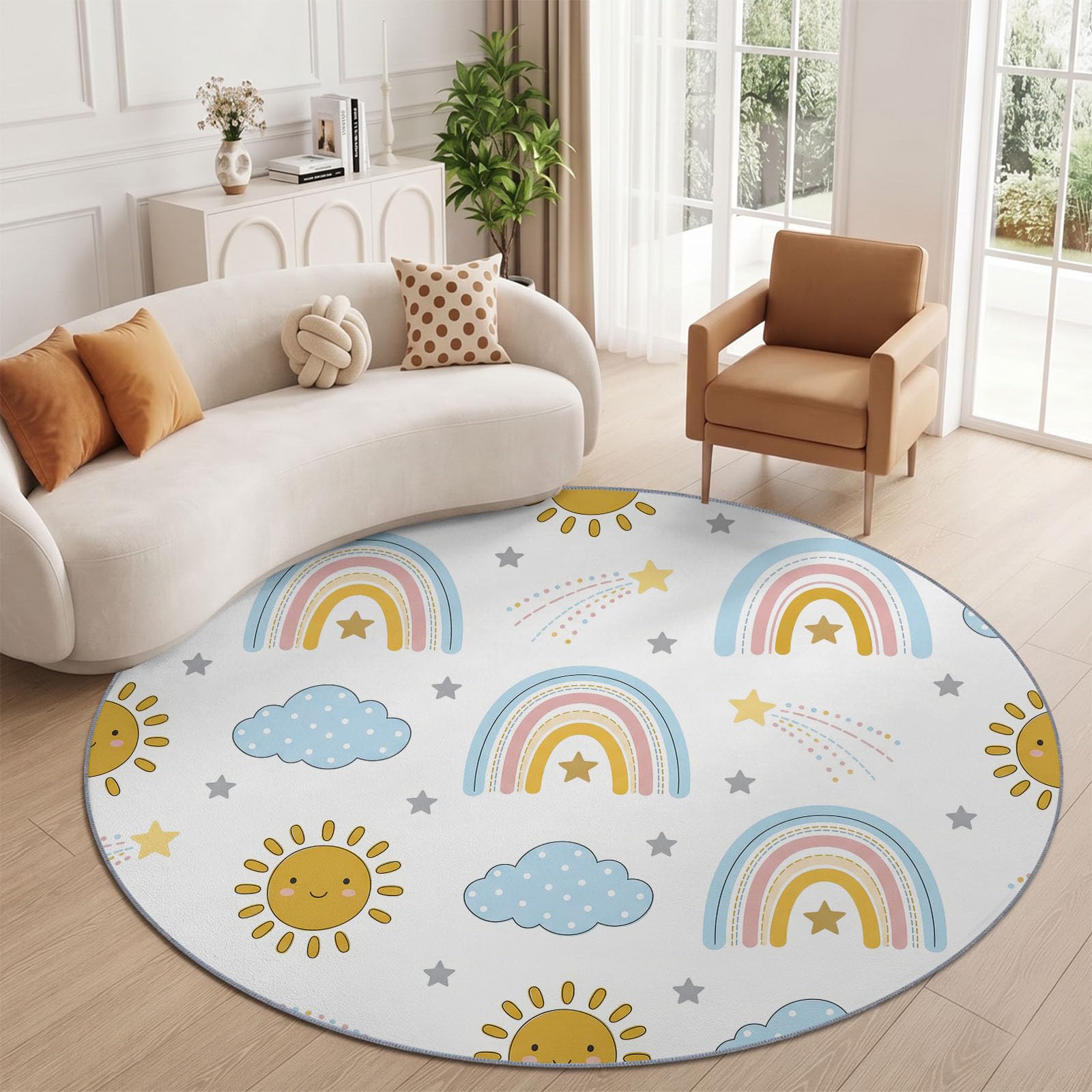 Alfombra redonda de 200 cm, lavable, para habitación de bebé, antideslizante, diseño de estrellas arcoíris, suave, de pelo bajo, con dibujos animados, estrella fugaz, para decoración del hogar, color