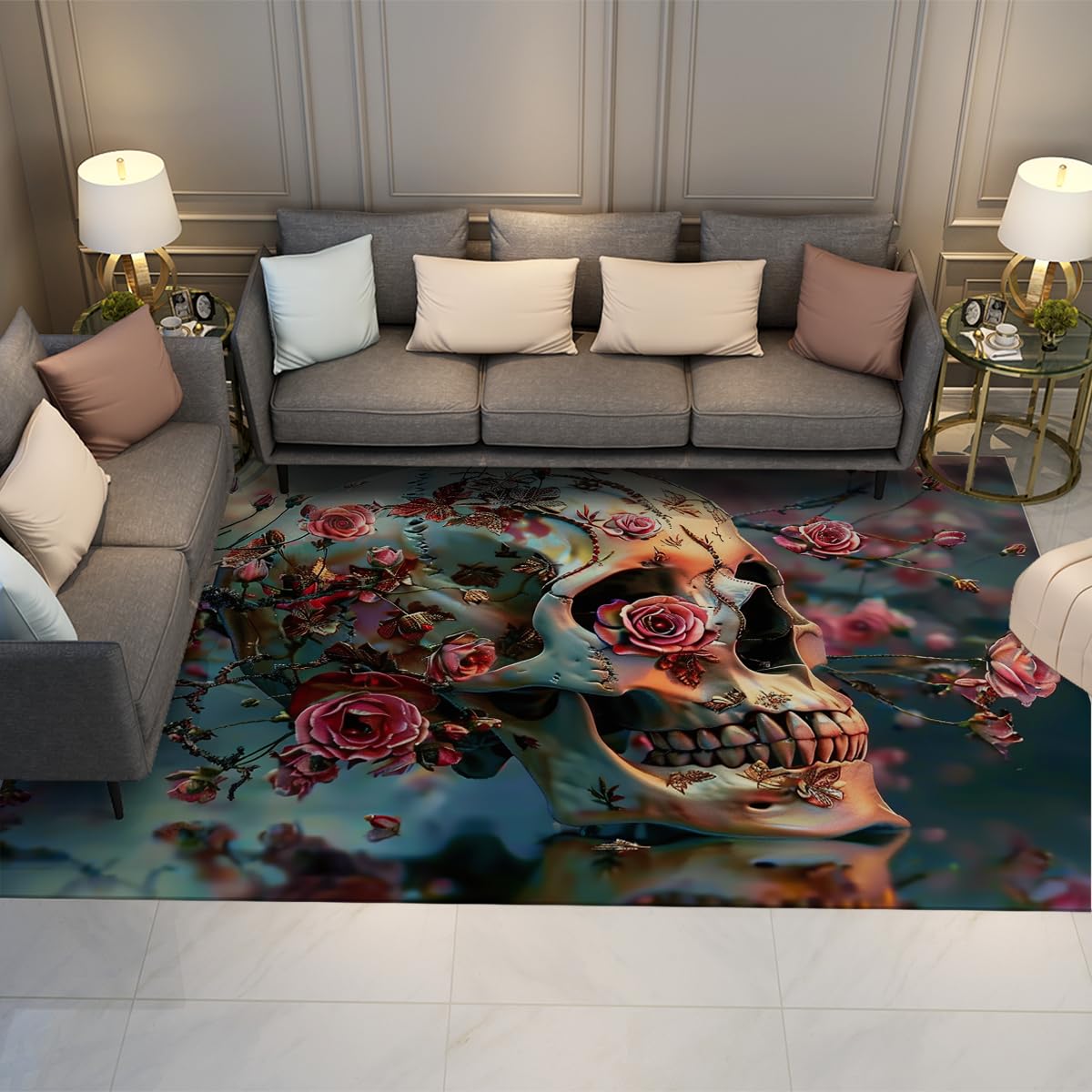Dywan 90 x 150 cm, do sypialni, gotycka, róża, czaszka, ciemno-kwiatowy wzór szkieletu, nadaje się do prania w pralce, antypoślizgowy, cienki, miękki, do salonu, sypialni, biura