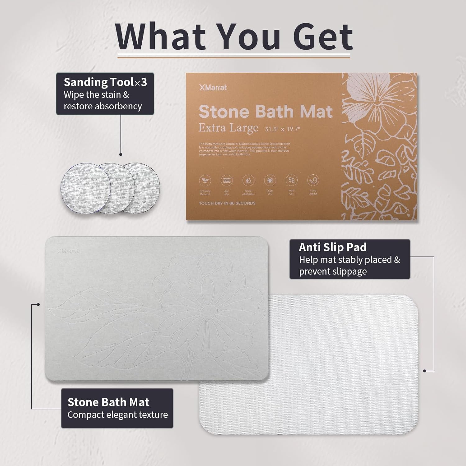 XMarrat Extra Large Stone Bath Mat Large, 31.5'' x 19.7'' Diatomaceous Earth Non-Slip Stone Shower Mat, Super Absorbent Diatomite Stone Mats for Bathroom, Quick Drying, Easy to Clean (Light Gray)