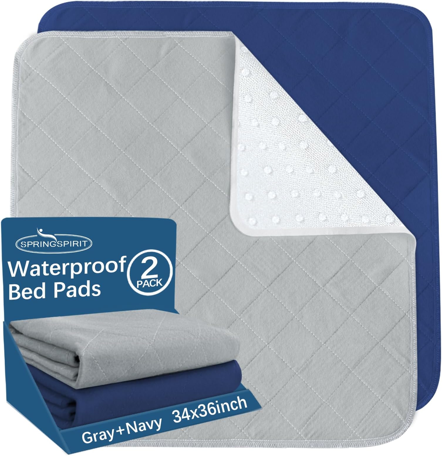 Bed Pads Washable Waterproof(2 Pack, 34 x 36), Washable and Reusable Chuck Pads Anti Slip Incontinence Underpad Sheet Protector for Adults, Elderly, Kids, Toddler and Pets, Grey and Navy