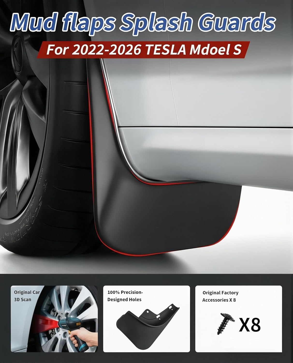 No Drill Mud Flaps for 2022-2026 Tesla Model S, Fits All Trims (Dual Motor AWD & Plaid Tri-Motor), Front & Rear All Weather Splash Guards, Heavy Duty Thermoplastic, OEM Style Low Profile Design