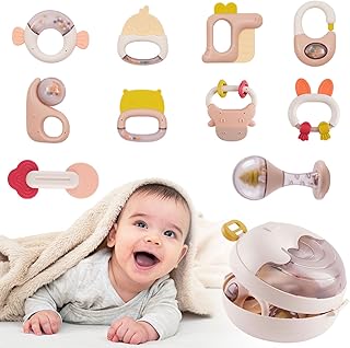 Baby Rattles Toy 10PCS Rattle Teether Set Infant Newborn Baby Sensory Toys Musical Toy with Storage Box Early Educational Toys Gifts for 3 6 9 12 Months, Baby Toys 0-6 Months Plus
