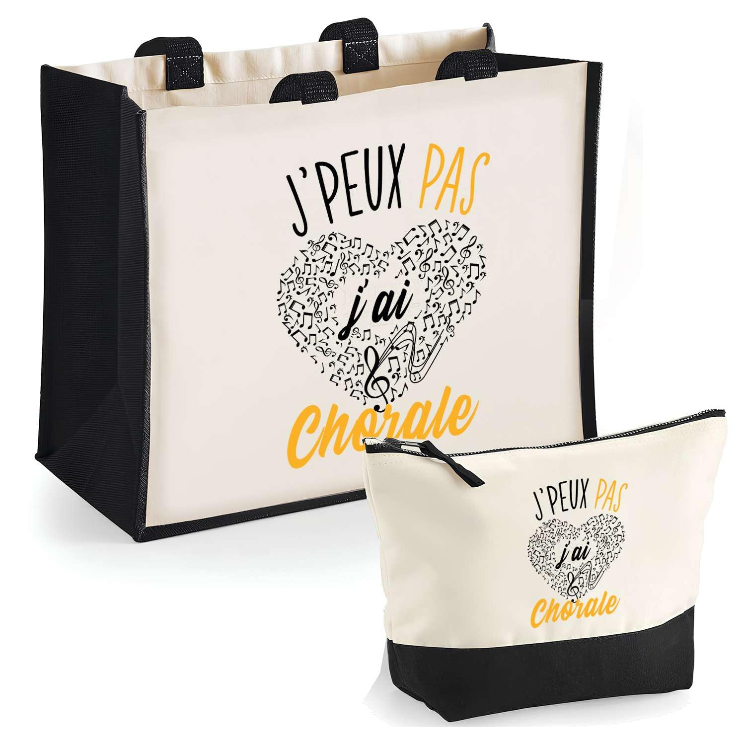 Planetee Duo Cabas Jute et Trousse Noire Chorale J'peux Pas - Cadeau Anniversaire Noël Femme Homme - Sac Cabas Shopping avec Pochette
