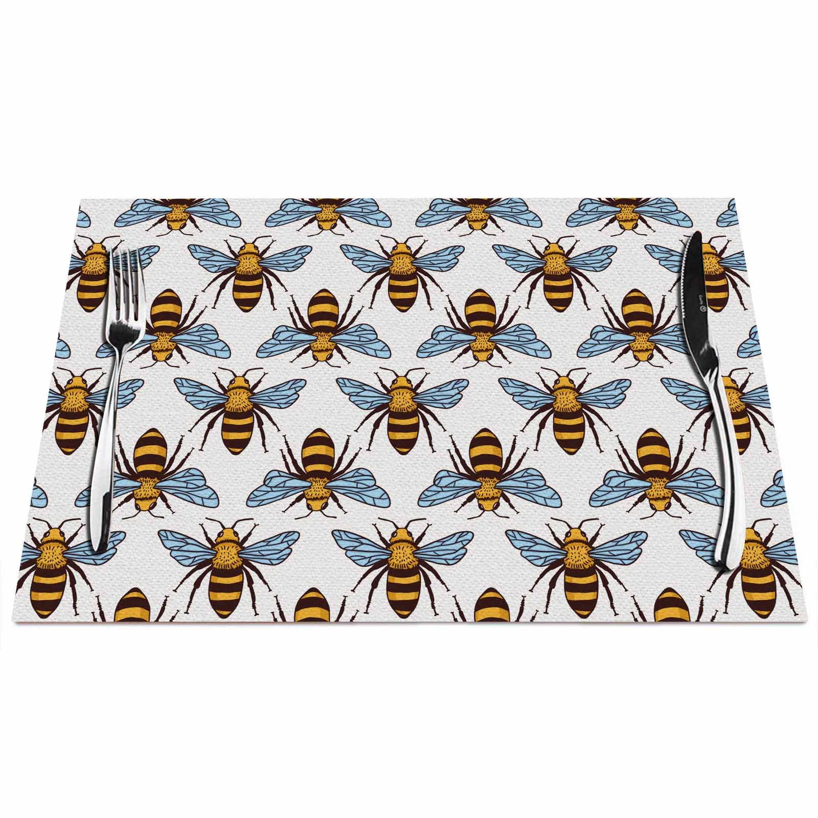 Walmsco Placemats Blue Wings Yellow Bee Decor For Dining Room Kitchen Table,Waterproof Non-Slip Washable Heat Resistant Placemats,Set of 4,12"x18"