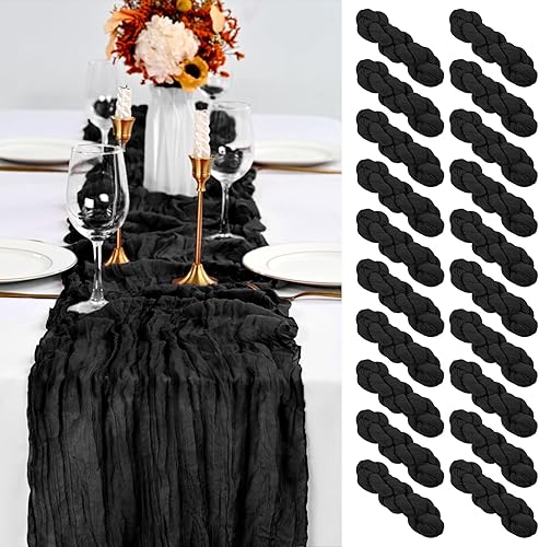 Paquete de 20 caminos de mesa de gasa negra de 10 pies de gasa bohemia, camino de mesa largo de tela de queso, camino de mesa romántico de tela