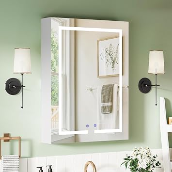 Bathroom Mirror Cabinet 600 x 800 mm with LED Lights, Touch Control, 3 Colour Dimmable Illuminated Mirror, Demister Pad & Shaver Socket