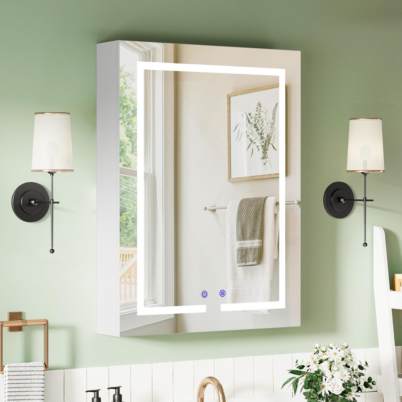 BELIWIN Bathroom Mirror Cabinet 600 x 800 mm with LED Lights, Touch Control, 3 Colour Dimmable Illuminated Mirror, Demister Pad & Shaver Socket