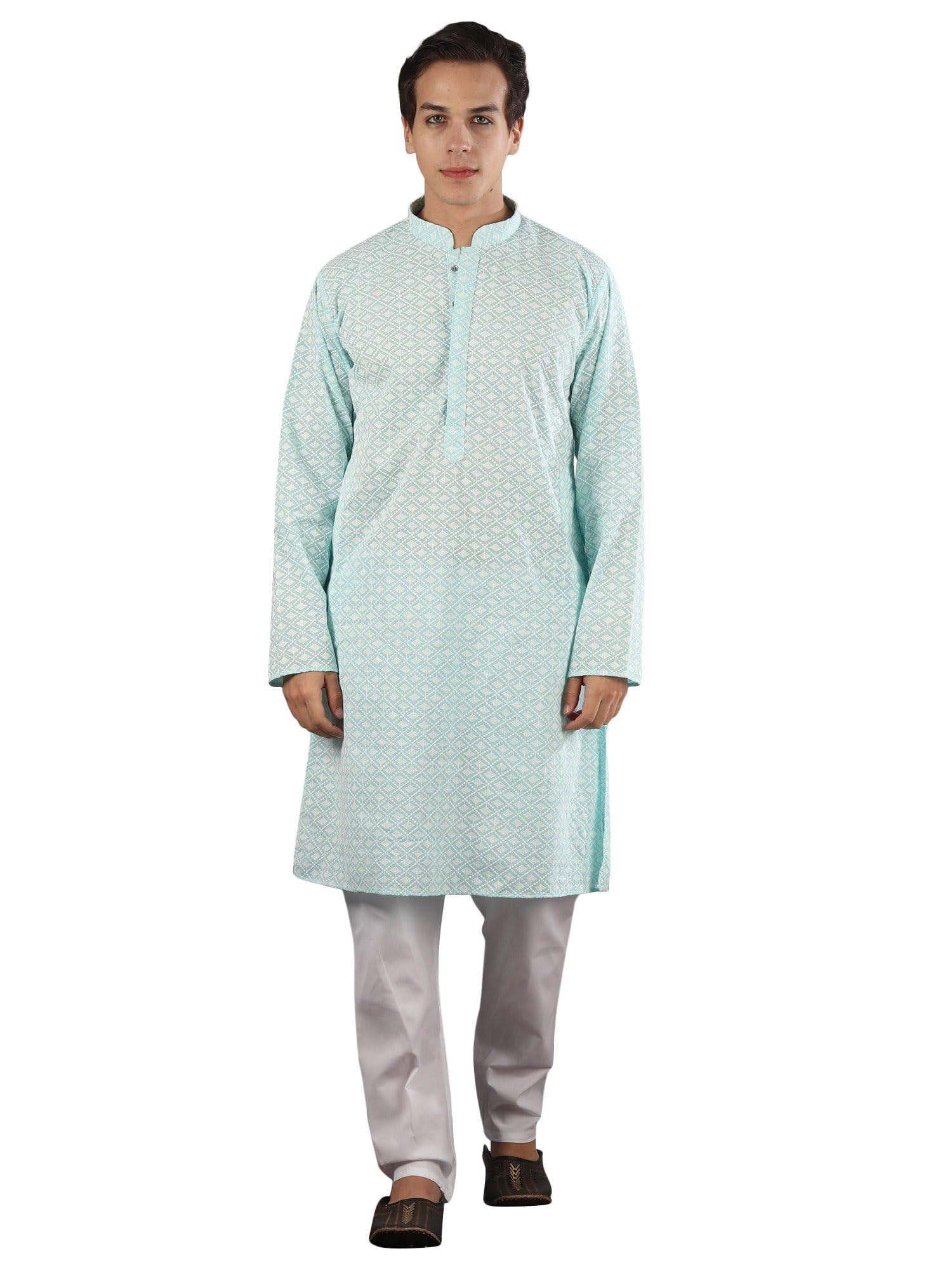 exotic india Aqua Color Diamond Pattern Thread Work Kurta With White Pajama Set, Aqua, 38-picture-37