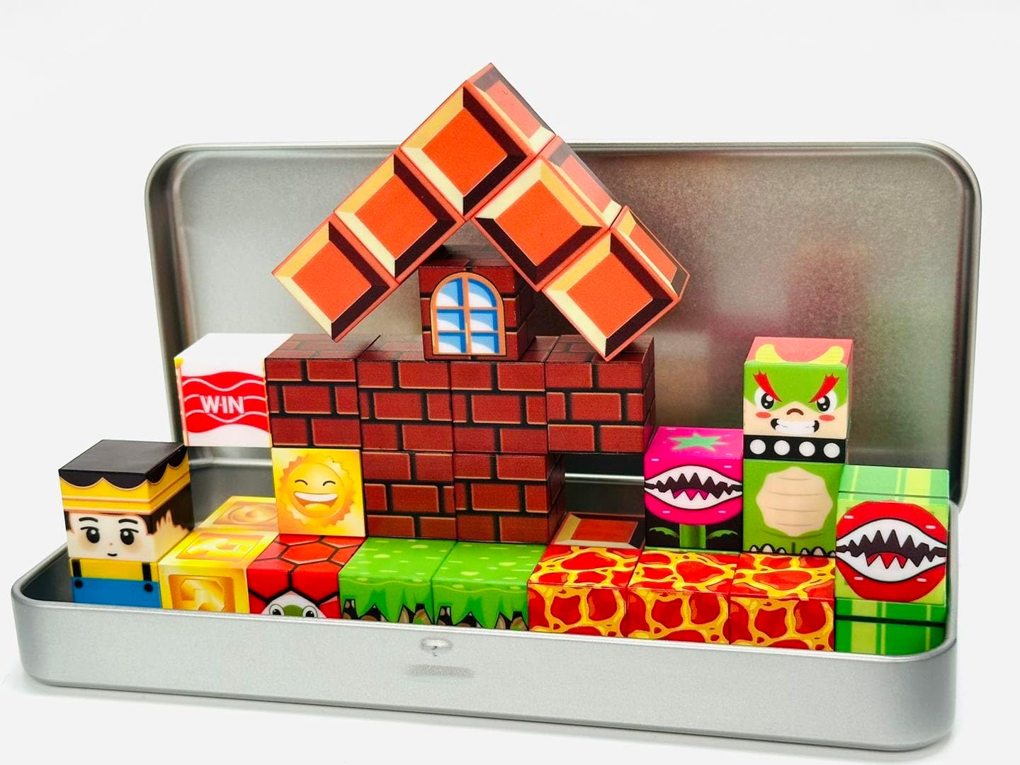 Magnetic Blocks Building Set - Puzzle Cubes as STEM Toys for Kids - Toddlers Sensory Construction Tiles - Ages 3+ Creative Educational Games for Boys and Girls - Mario 45pc in Tin Travel Box