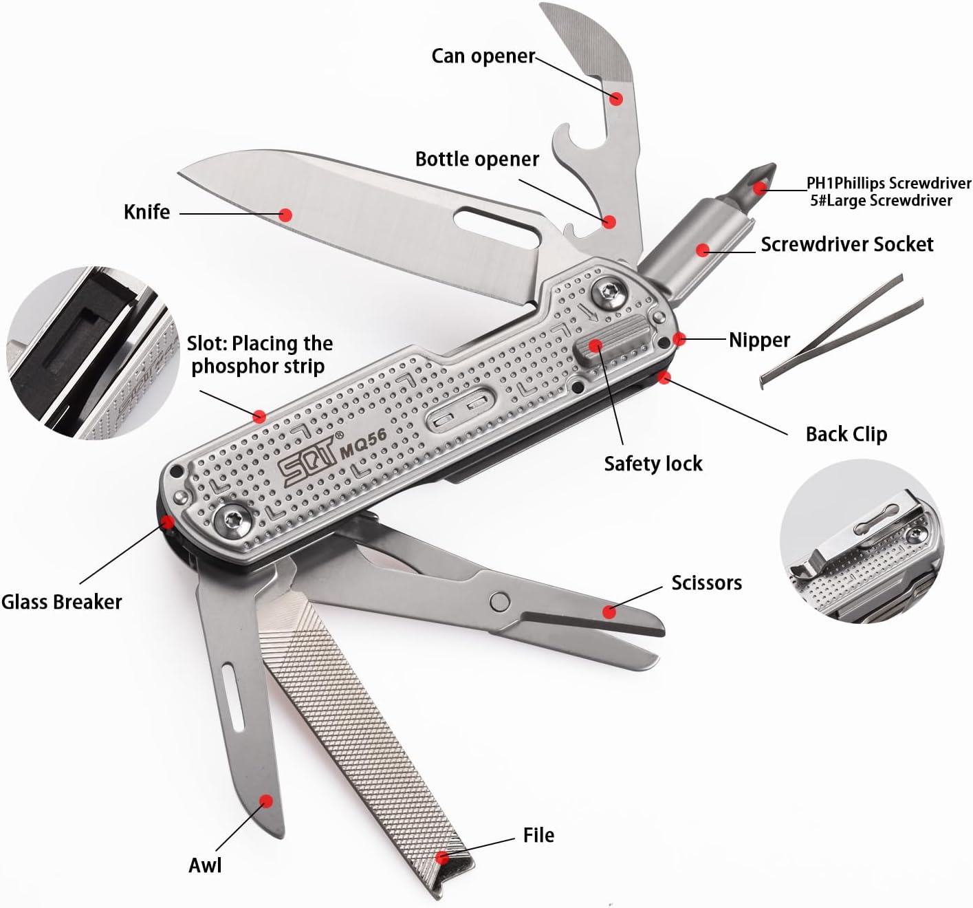 SQT2056 13-in-1 Multitool Knife with Glass Breaker, Survival Knife for Outdoor, Camping, Hiking, Emergency - Portable Scissors, Screwdrivers, Can Opener for EDC, Work & Adventure