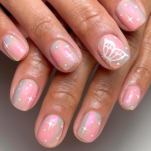 Uñas postizas cuadradas cortas a presión, uñas postizas brillantes con diseños de mariposas, uñas acrílicas a presión, cobertura completa, uñas