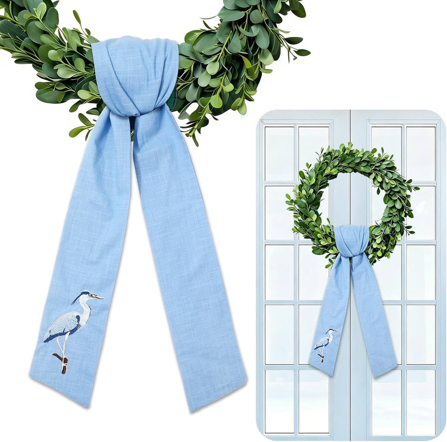 FYSUIMU 2Pcs Blue Heron Wreath Sash for Front Door Rustic Coastal Shorebird Linen Garland Ribbon Bow for Summer Seaside Birthday Party Supplies Photo Props