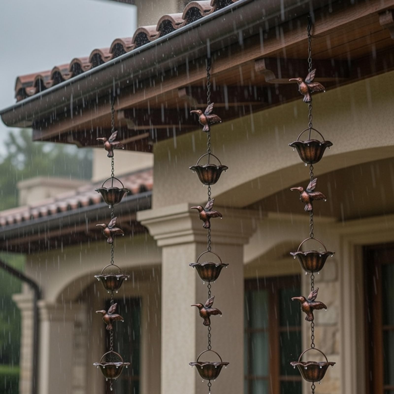 Chaîne de Pluie pour gouttières, 2,4 m, Vintage, en Bronze avec 7 Colibri et gobelets