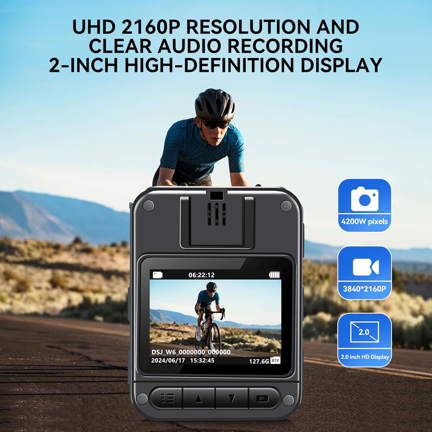 The CAMMHD W6 body camera displaying a video on its 2-inch HD screen, highlighting its UHD 2160P resolution and clear audio recording capabilities.