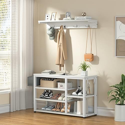 Miniatura 9 de Aiho Árbol de pasillo con banco de zapatos, industrial 4 en 1, perchero con 4 ganchos, 5 cubos de almacenamiento, para entrada, pasillo, color