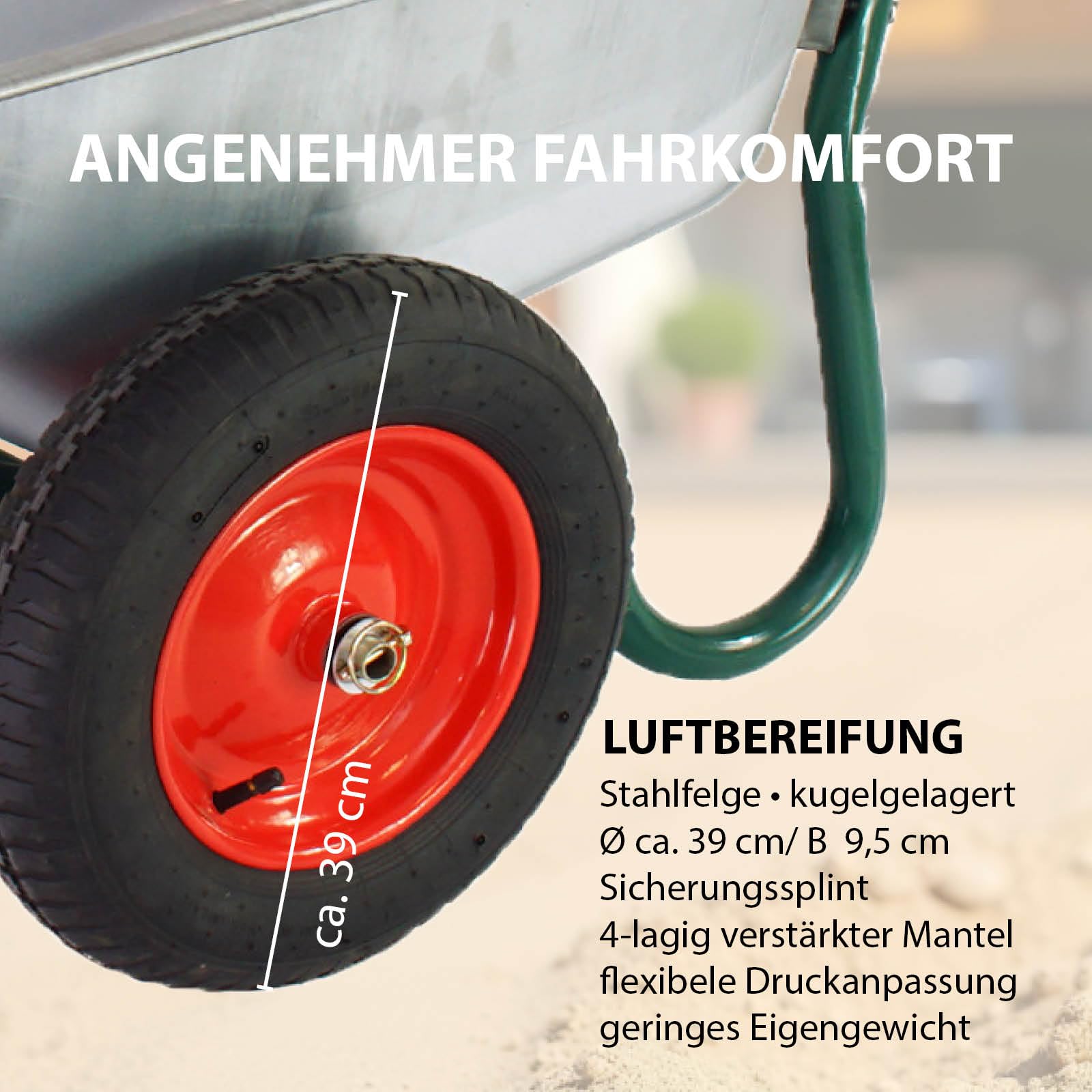TRUTZHOLM Schubkarre 100 Liter 160 kg Tragkraft verzinkte Stahlwanne leichtlaufende Lufträder auf Stahlfelge Bauschubkarre Gartenschubkarre Schiebkarre 2 Rad Karre Wheelbarrow Silber