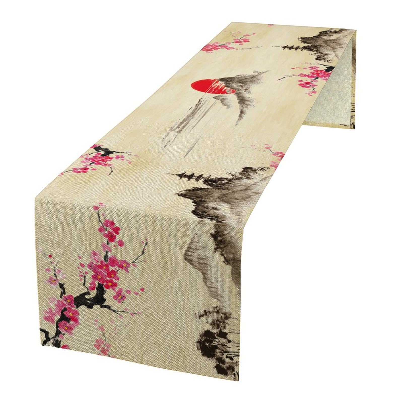 Japanese Cherry Blossom Table Runner Retro Spring Landscape Mountain Plum Floral Tabletop Decor Cover for Holiday Dining Room Party 13x108 Inch
