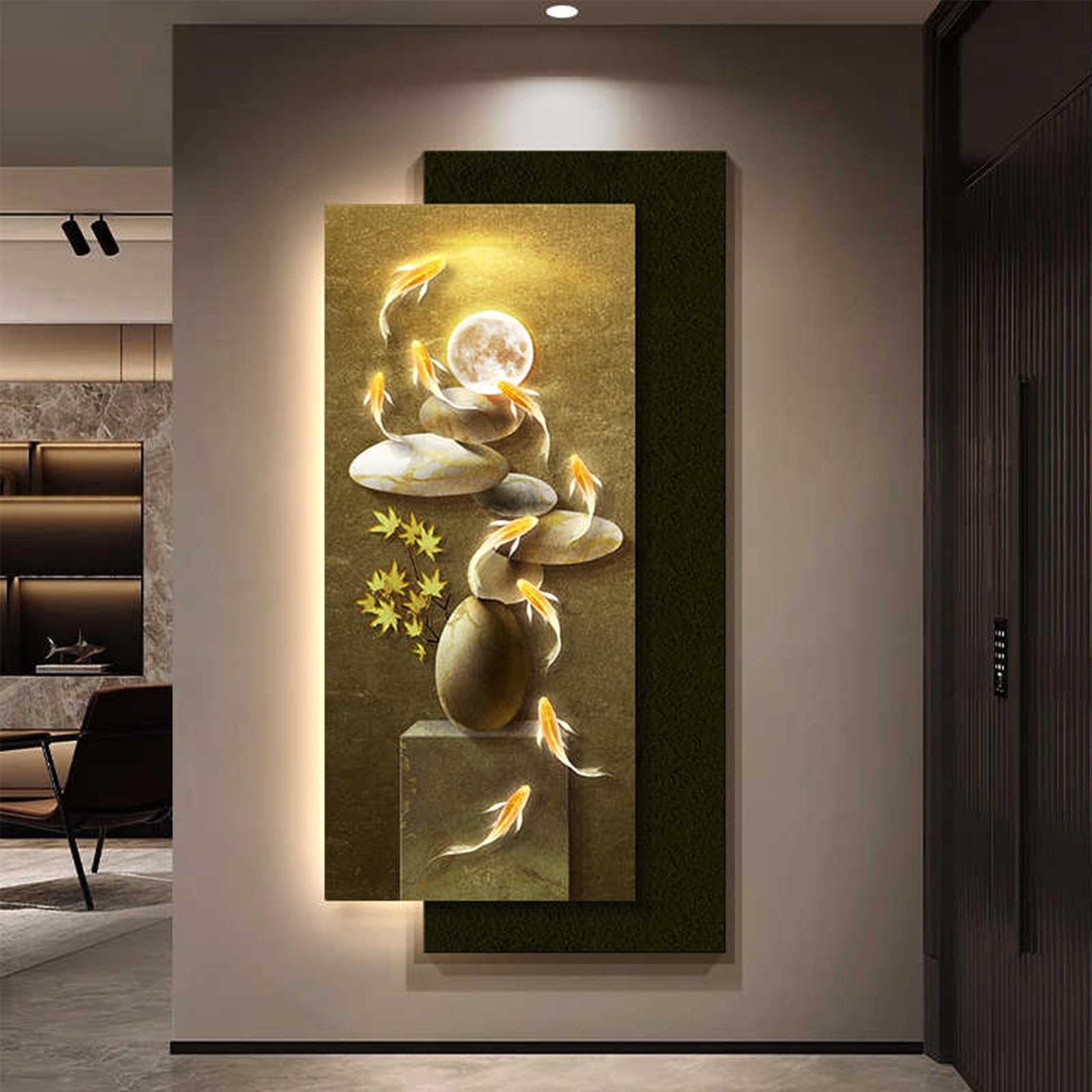 3D Fish Wall Sculpture Painting Decoration with Light, LED Light Decor Wall Art, Sandstone Stone Decors Walls Sculptures 3D Art for Living Room Entrance Office(C,40 * 80cm)