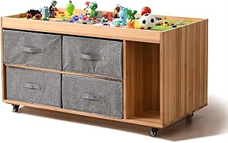 BIRASIL Wooden Kids Activity Table with 8 Cubes Storage Boxes, Multi-Purpose Sensory Table with Wheels for Children, Play Table Compatible with Building Block Board for Preschool Toddler