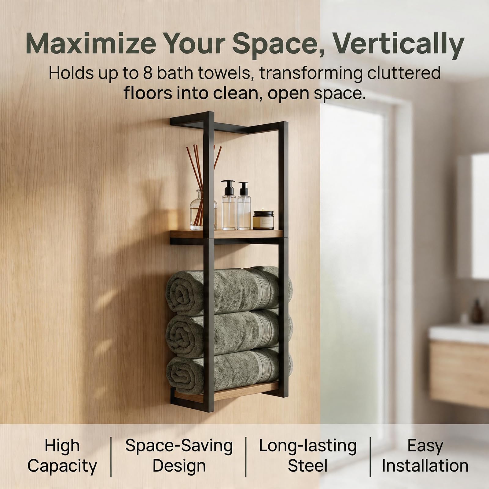 Toallero de pared para toallas de baño, toallero vertical para almacenamiento, estante de baño de metal inoxidable para hasta 8 toallas, almacenamiento de toallas para baño pequeño, color negro