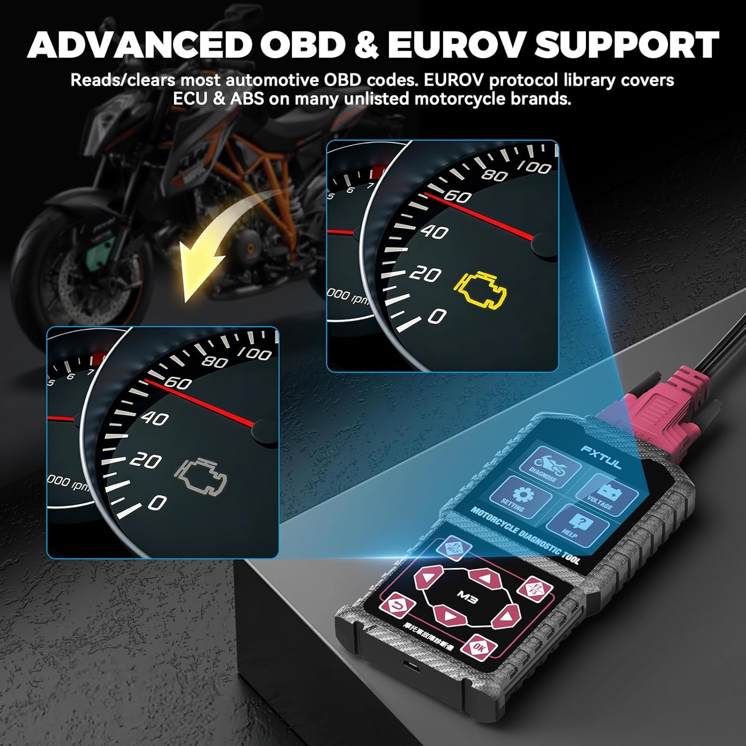 MR CARTOOL Motorcycle Diagnostic Tool OBD2 Motorcycle Fault Code Readers Scan Tool Motorcycle Code Reader Scaner Compatible with Yamaha 2/3/4P, Kawasaki 4-6P, Honda 4P, OBDII（Not Applicable to Bike）