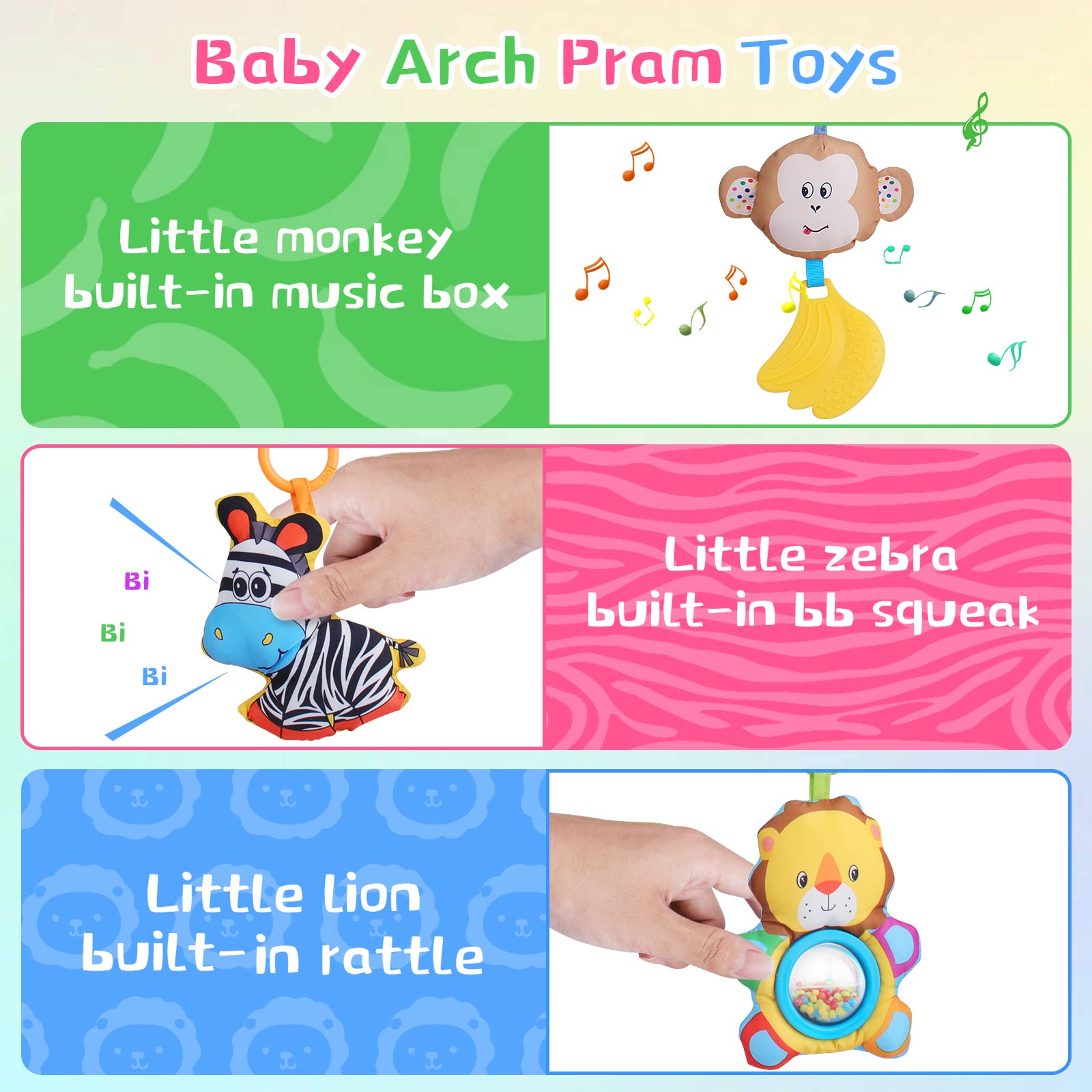 Giocattoli per carrozzina ad arco per bambini da 0 a 6 mesi per passeggino e carrozzina con sonaglio/cigolio musicale sensoriale appeso culla arco giocattolo per passeggino per neonati neonati