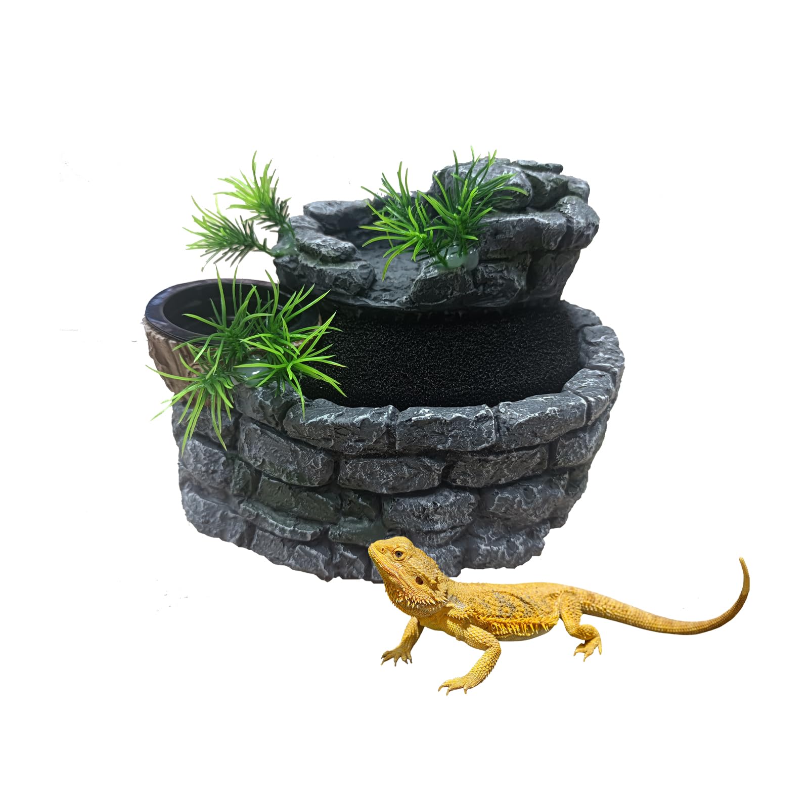 Fuente de agua para reptiles de 550 ml con plato de comida, fuente de terrario para dragón barbudo, geco, camaleón, lagarto, rana de árbol y tortuga, mantiene el agua limpia, dispensador