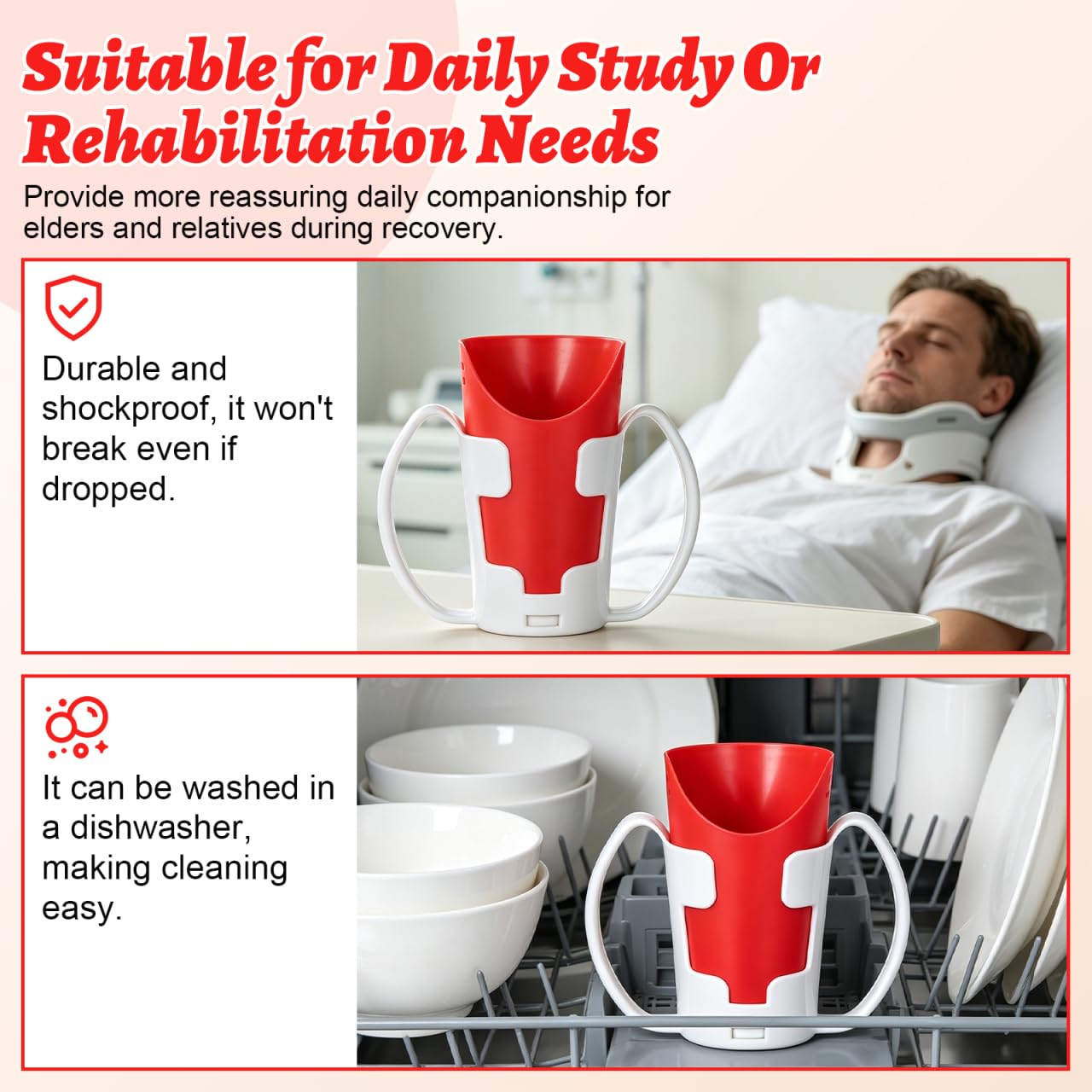 HEMOTON Tasse à Découpe Nasale, Rouge avec Support | Permet de boire sans incliner fortement la tête, pour personnes âgées, soins à domicile et mobilité réduite