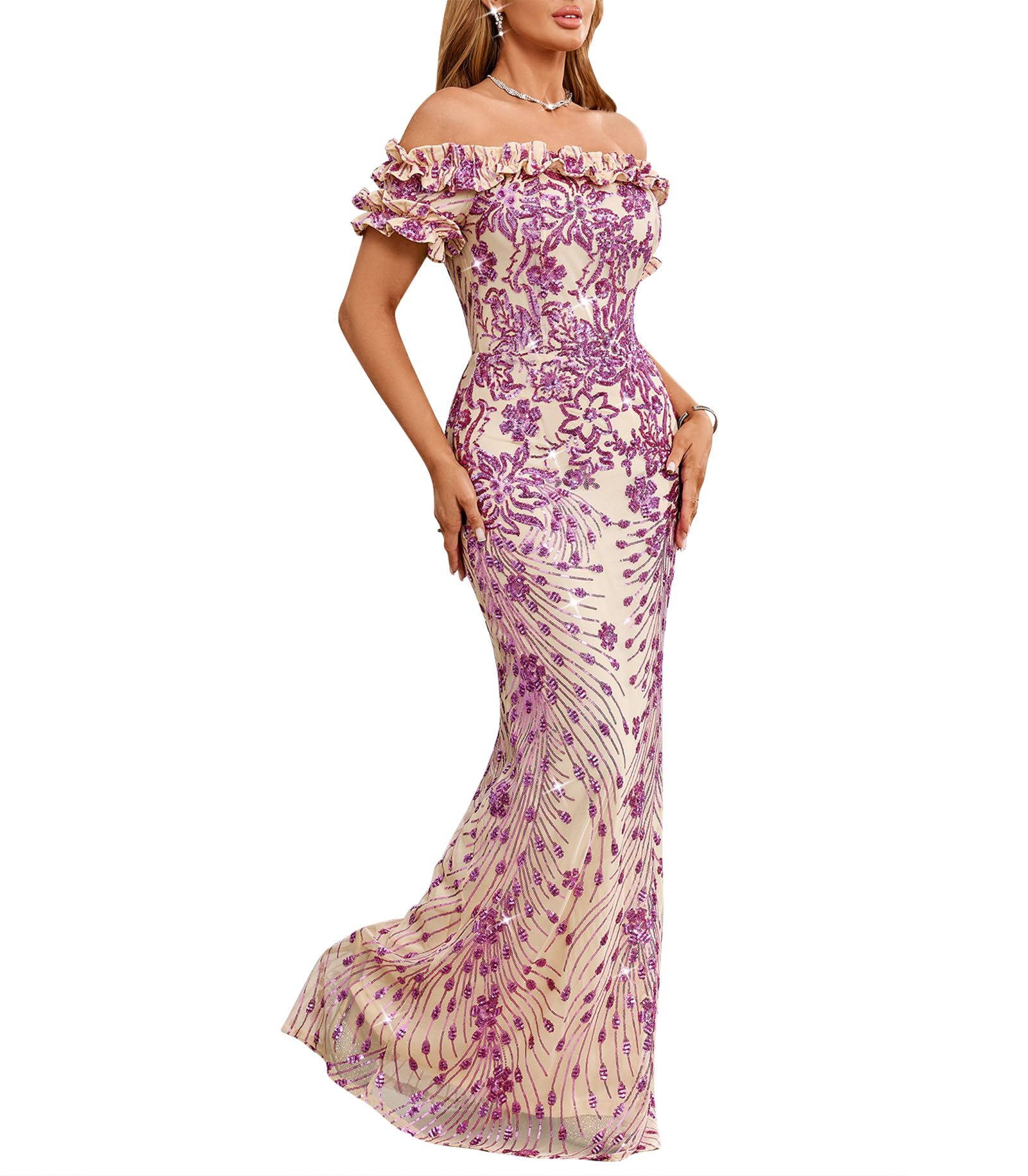 dasmzper Women Sexy Sequin Off Shoulder Ruffle Short Sleeve Bodycon Mermaid Party Formal Evening Maxi Dress