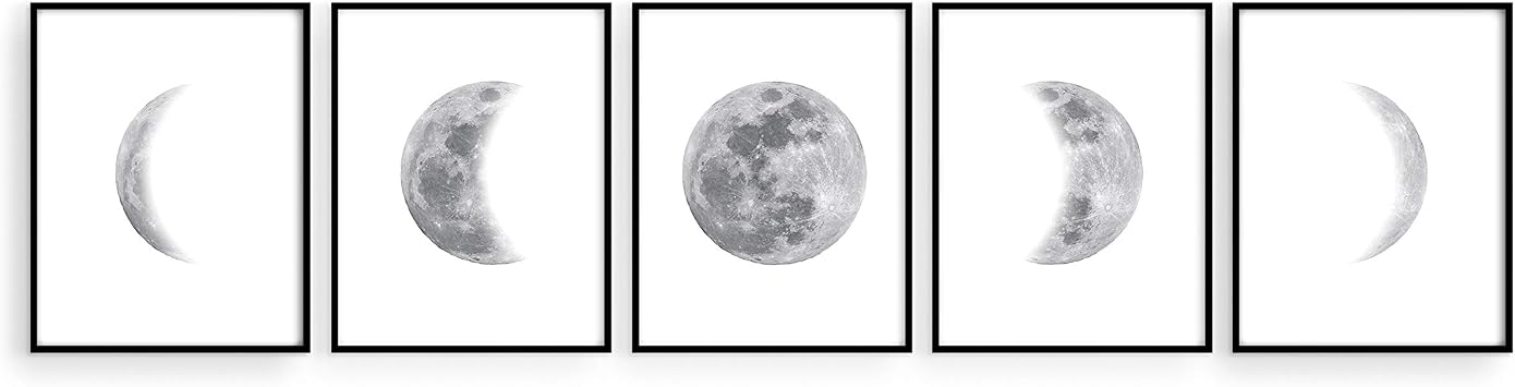 HAUS AND HUES Phases of the Moon Wall Decor - Set of 5 Moon Phases Art Prints, Celestial Posters, 8"x10" UNFRAMED