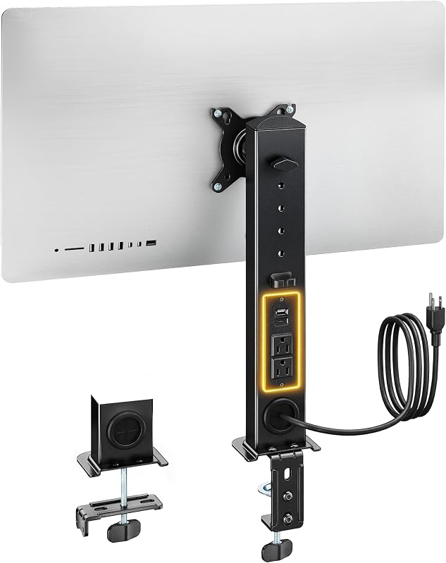 monTEK Powered Single Monitor Stand for 17-32", Clamp/Grommet | Heavy-duty monitor desk mount, integrated power outlet, adjustable arm and clamp/grommet mounting options